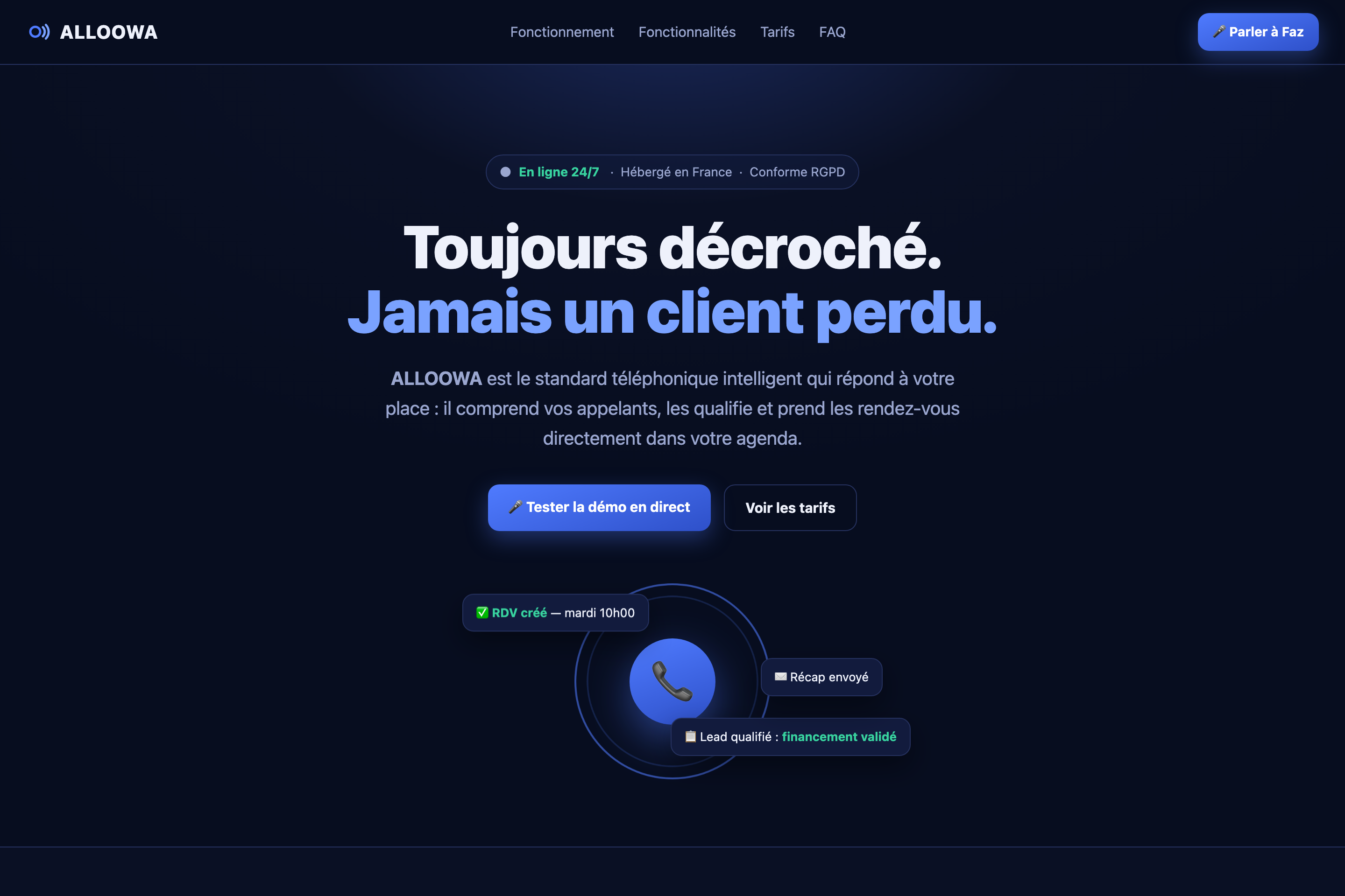 Interface ALLOOWA — tableau de bord